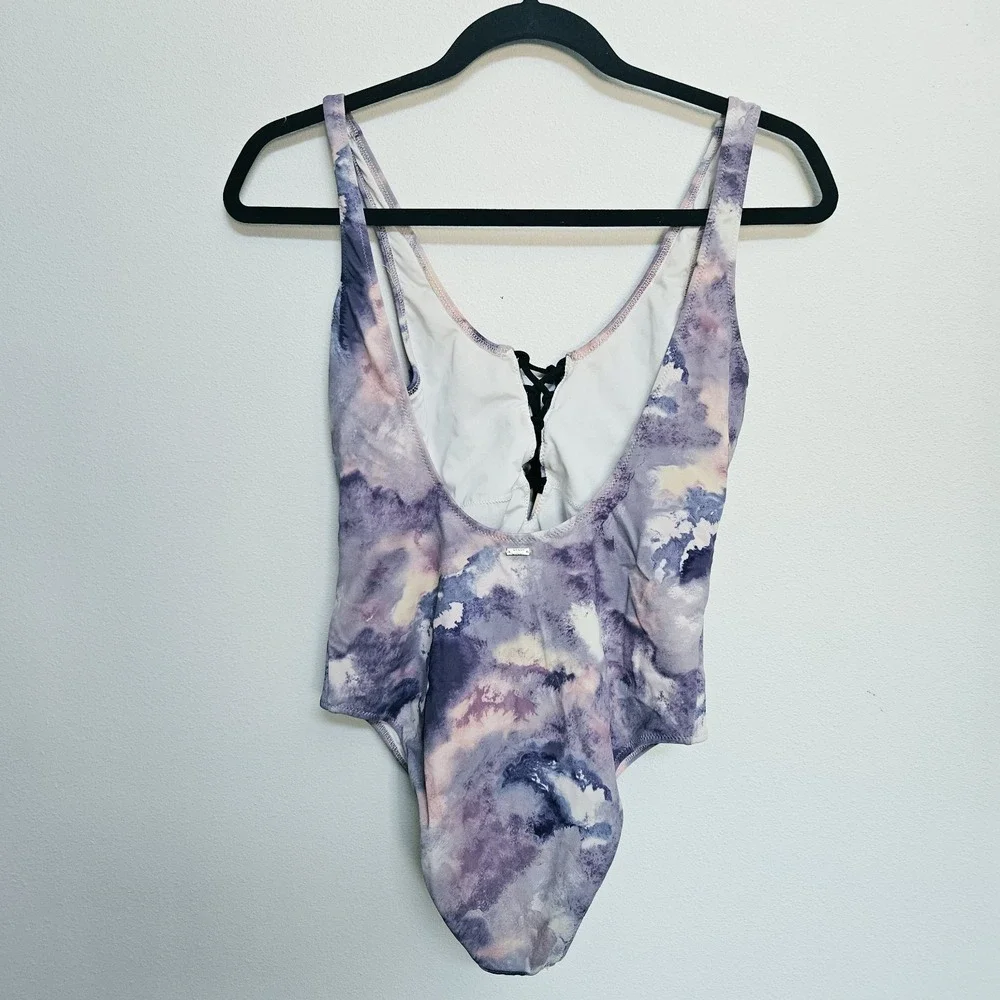 PINK Victorias Secret Swimsuit Small Lace-Up Scoop Back One Piece Purple Tie Dye